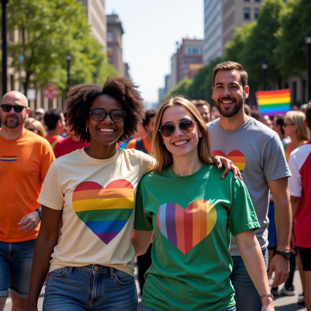 People Wearing Pride Flag T-shirts at a Parade