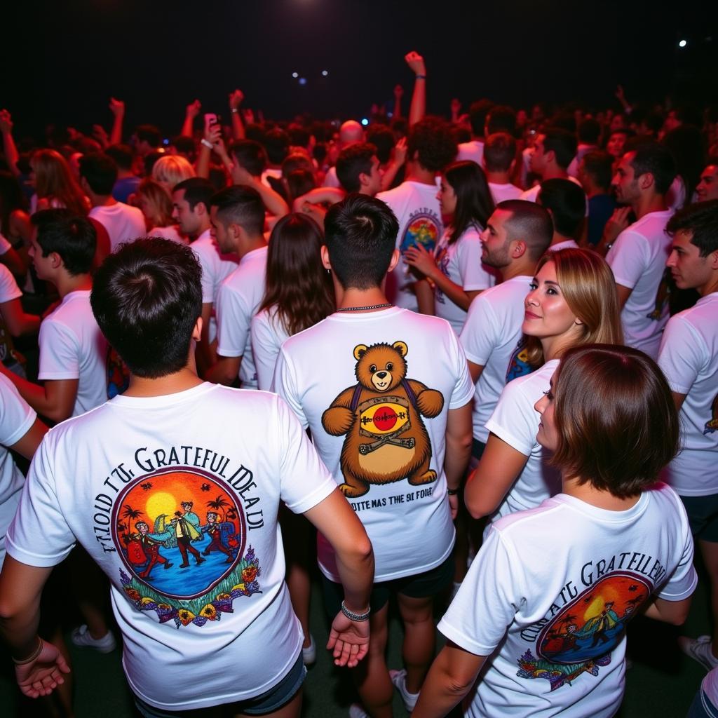 Fans wearing white Grateful Dead shirts at a concert