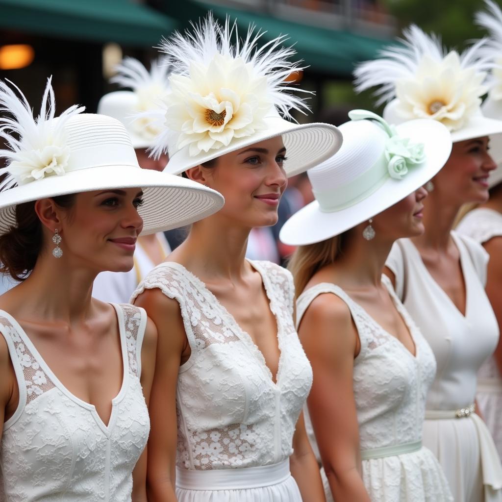 Women in elegant wide-brimmed white Kentucky Derby hats