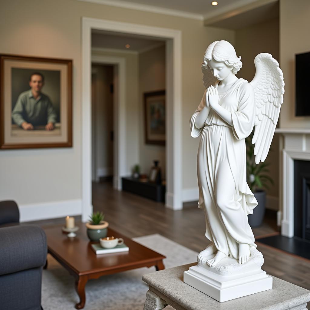 White Marble Angel Statue in a Living Room