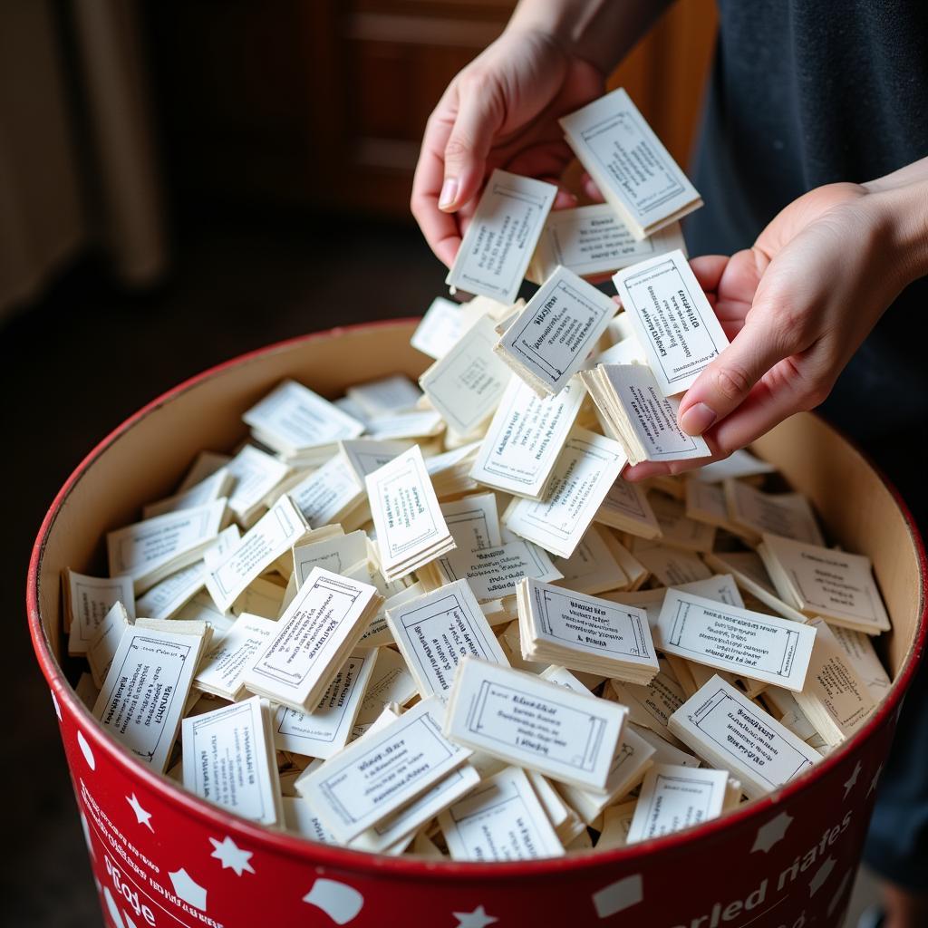 White raffle tickets being mixed in a drum