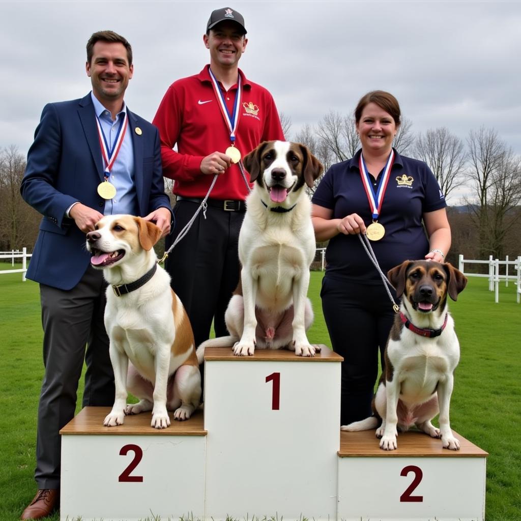 Wild Wild Westie 2024 Agility Champions: Snowflake, Mac, and Daisy on the podium with their handlers.