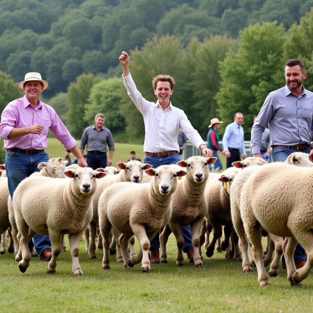 Wild Wild Westie 2024 Herding Trials Winners: Winston, Luna, and Archie herding sheep with their handlers.