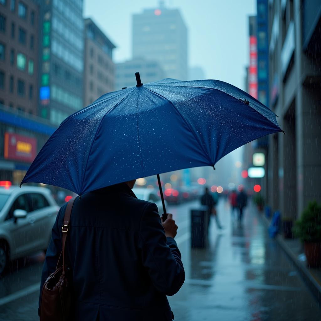 Windproof Blue Rain Umbrella in a Storm