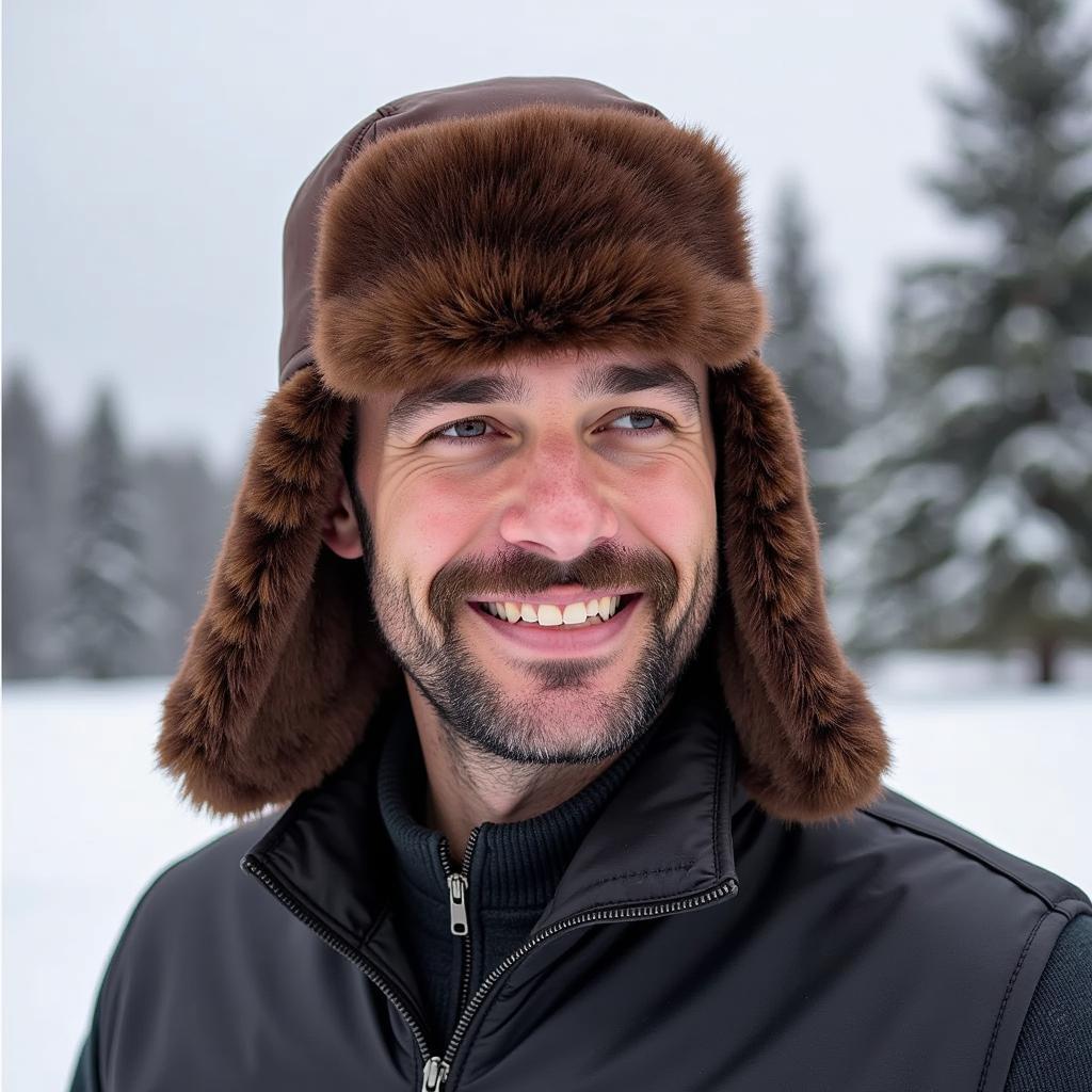 Man wearing a winter trooper cap in a snowy landscape