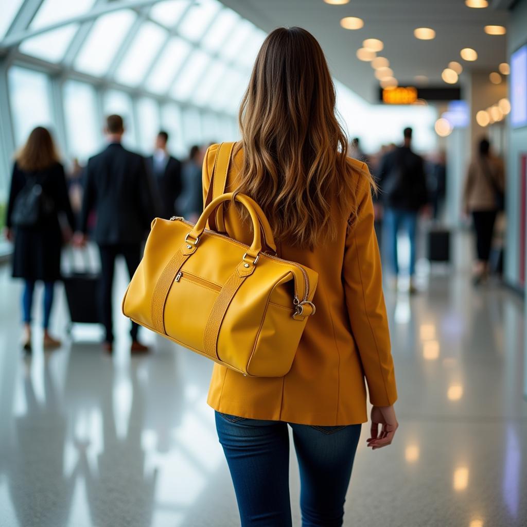 Woman Carrying Sunflower Duffle Bag at Airport