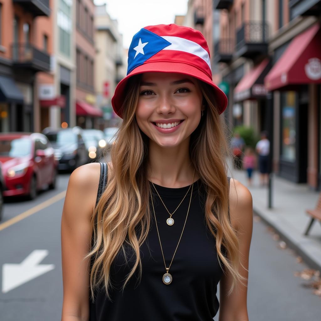 Woman wearing a flag bucket hat in the city