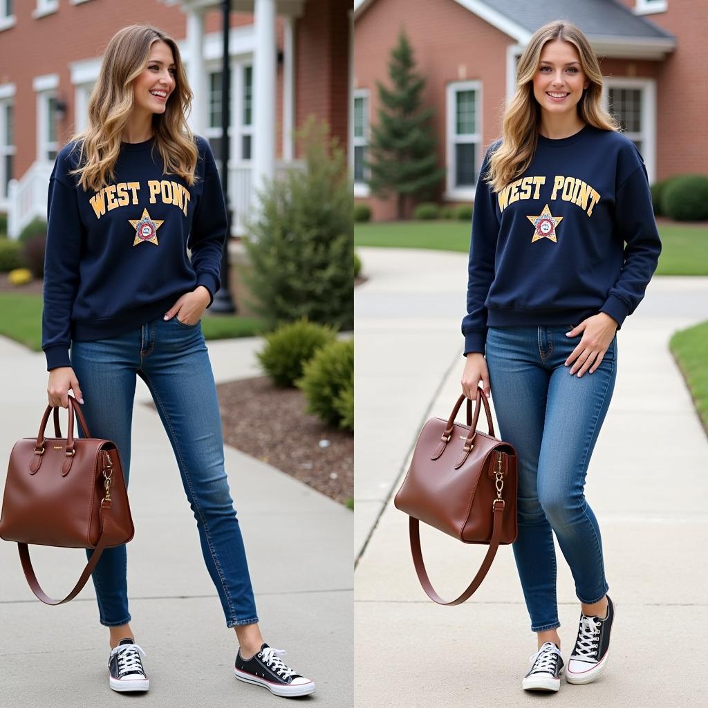 Woman Styling a Vintage West Point Sweatshirt