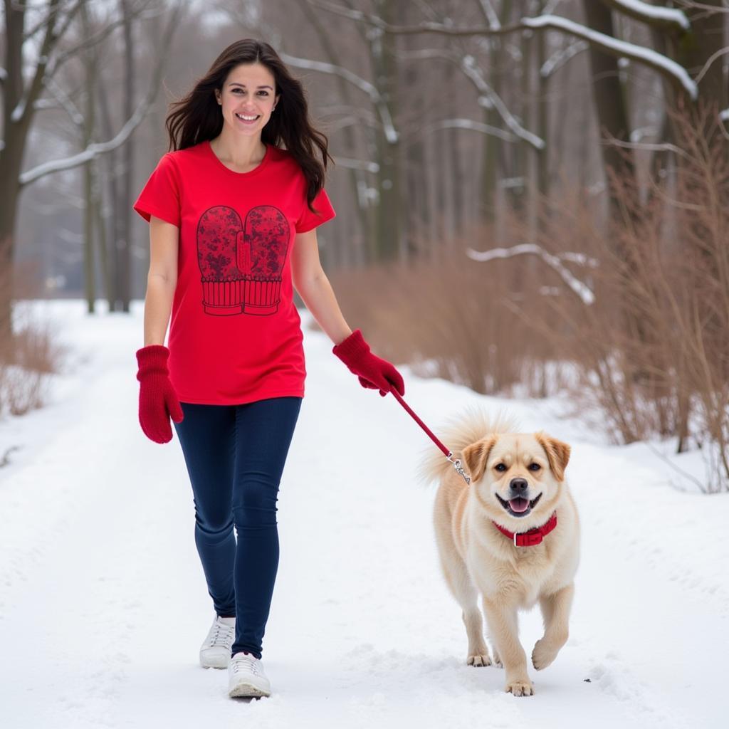 Woman Walking Dog in Mitten T-shirt