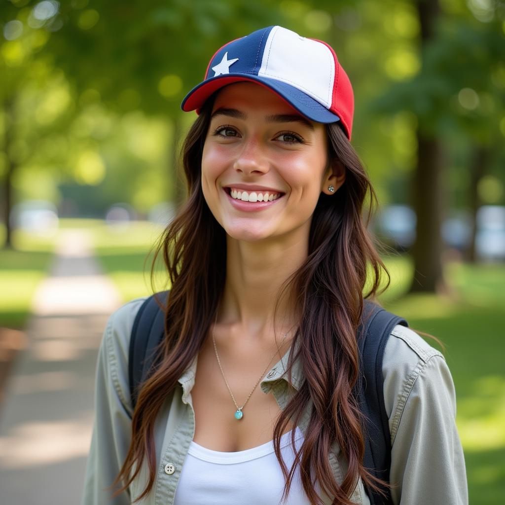 Woman Wearing a Flag Baseball Cap