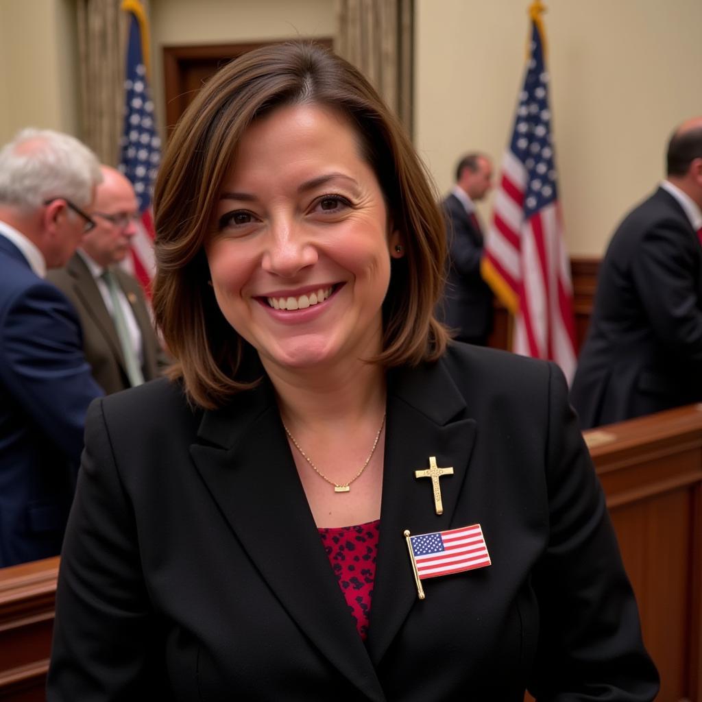 Woman Wearing American Flag Pin with Cross