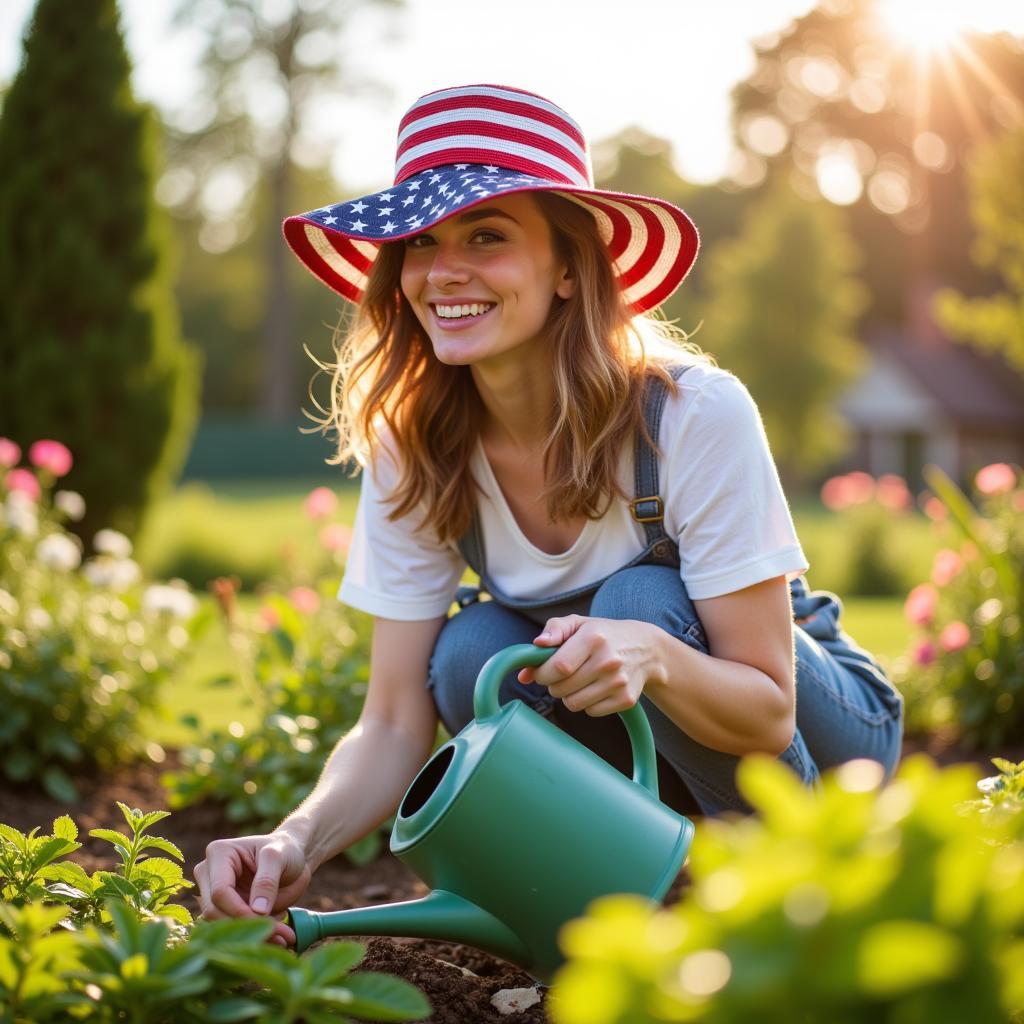 Woman wearing American flag sun hat while gardening