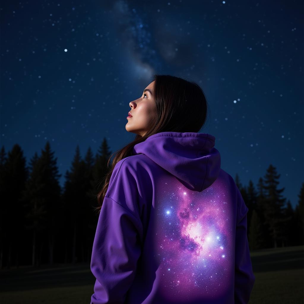 Woman wearing an astro hoodie looking at the night sky