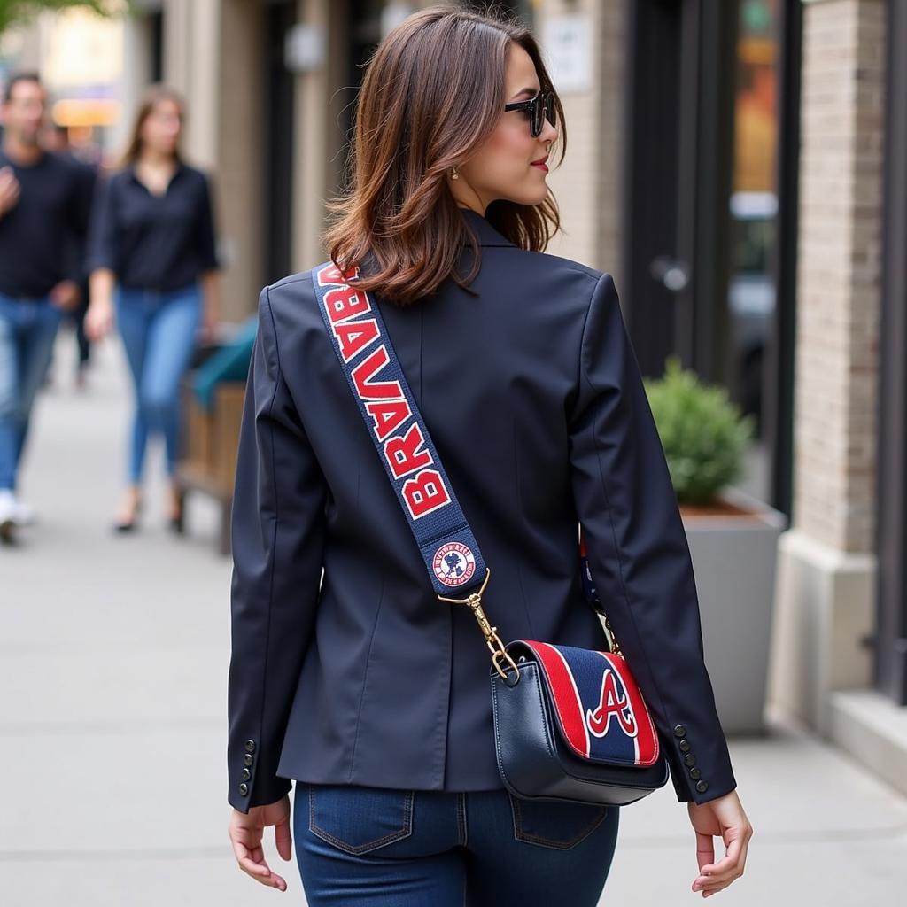 A woman stylishly carrying a purse with a Braves strap, showcasing how it complements her outfit.