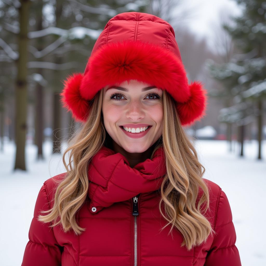 Woman Wearing a Down Filled Hat in the Snow