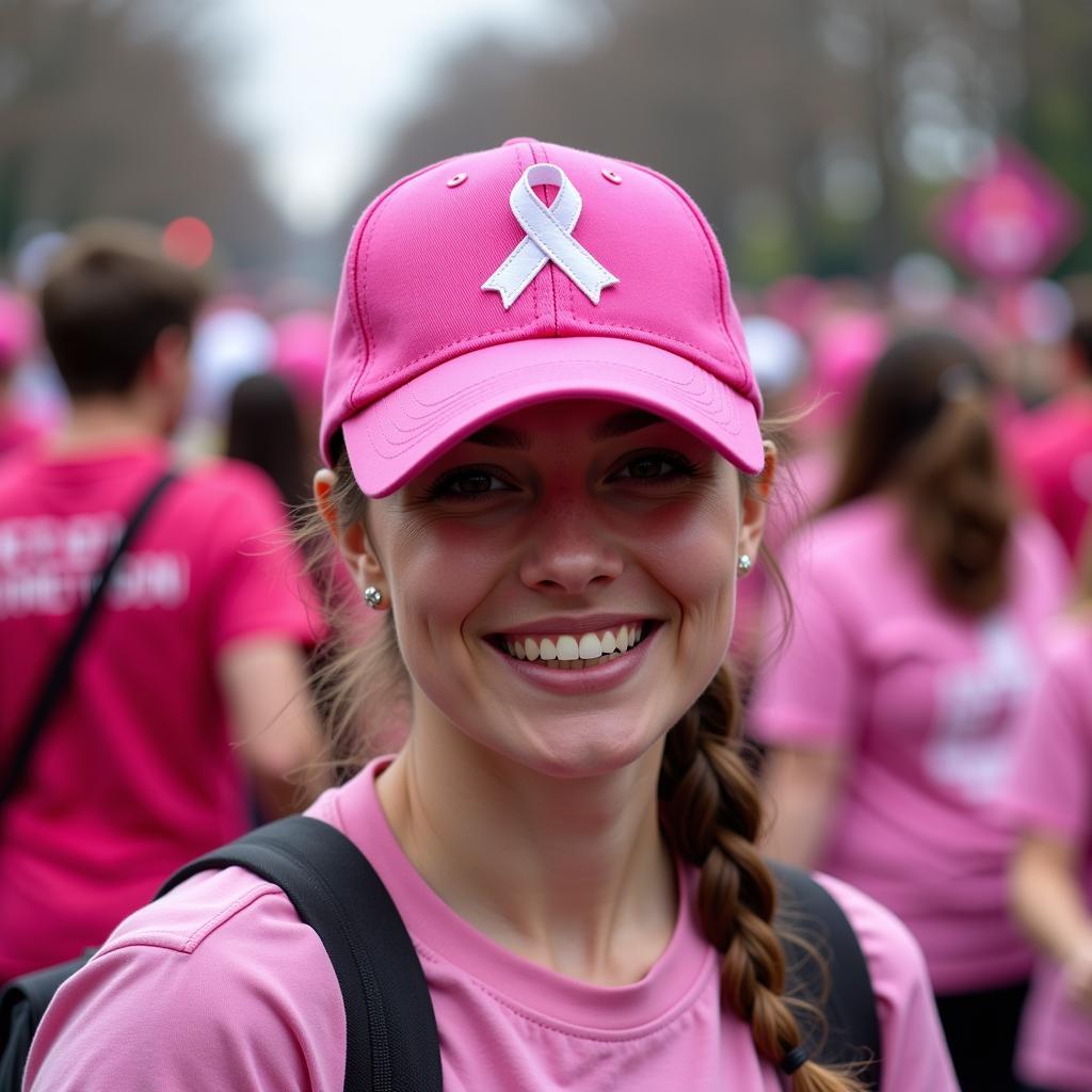 Woman Wearing Pink Ribbon Baseball Cap at Breast Cancer Walk