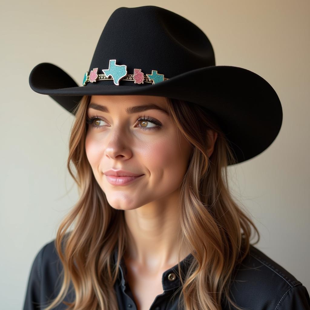 Woman Wearing a Texas Hat with Pins