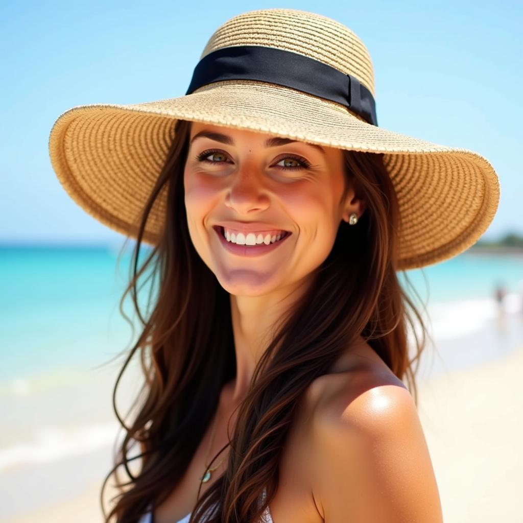 Woman wearing a wide-brimmed rays straw hat on the beach