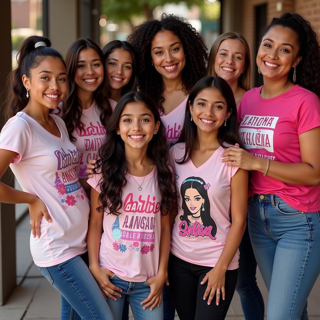 Group of women proudly wearing Latina Barbie shirts