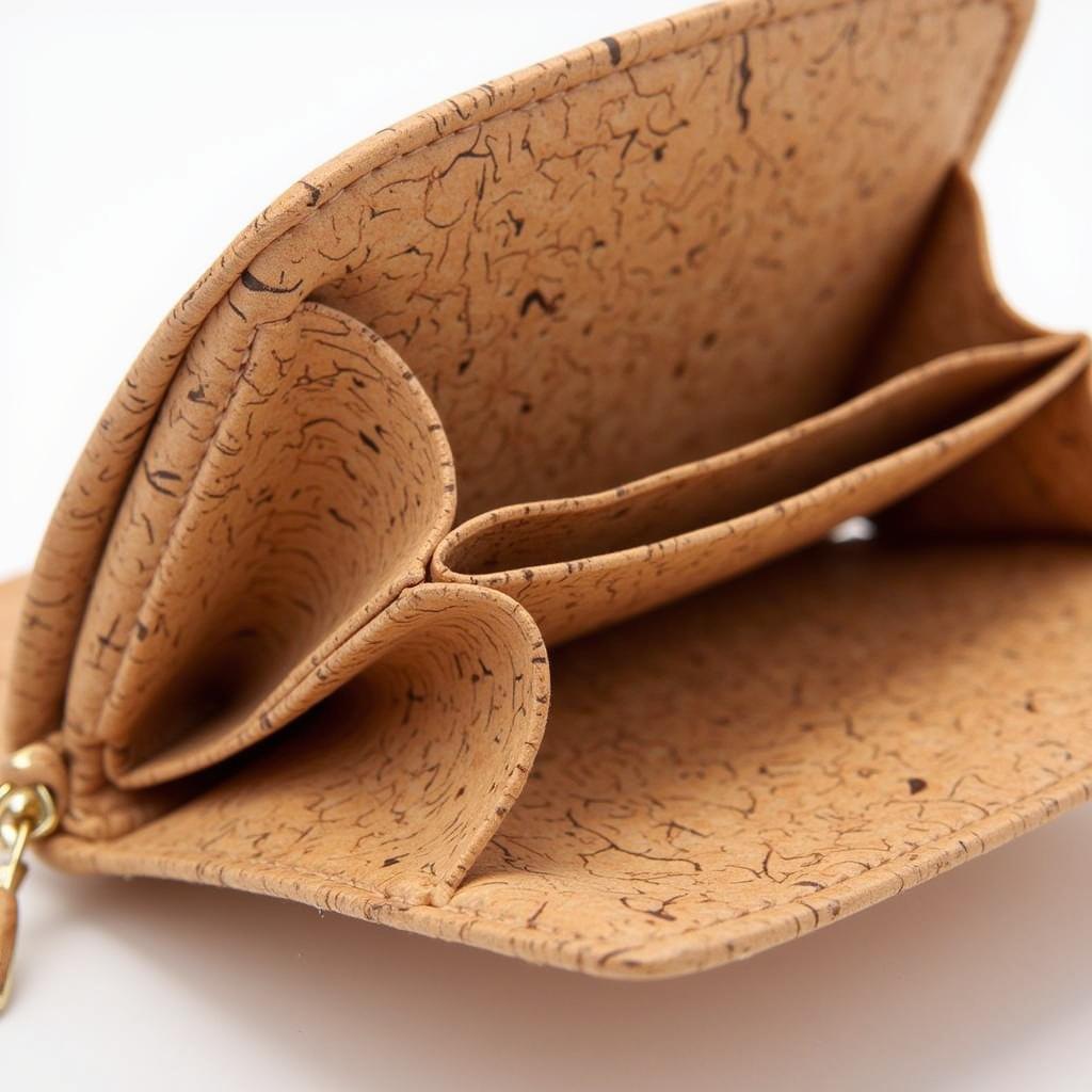 Close up of a woman's cork wallet showcasing the texture and detail