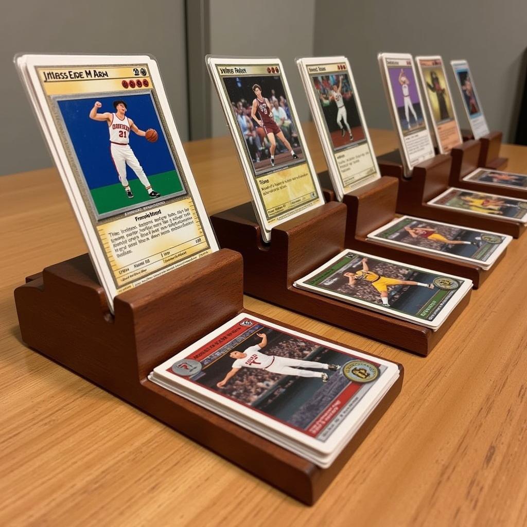 Elegant wooden custom trading card stands displaying a collection of rare trading cards.