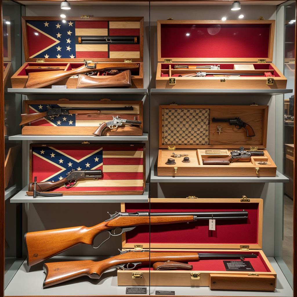 Display of various wooden flag gun cases with different flag designs and wood finishes.