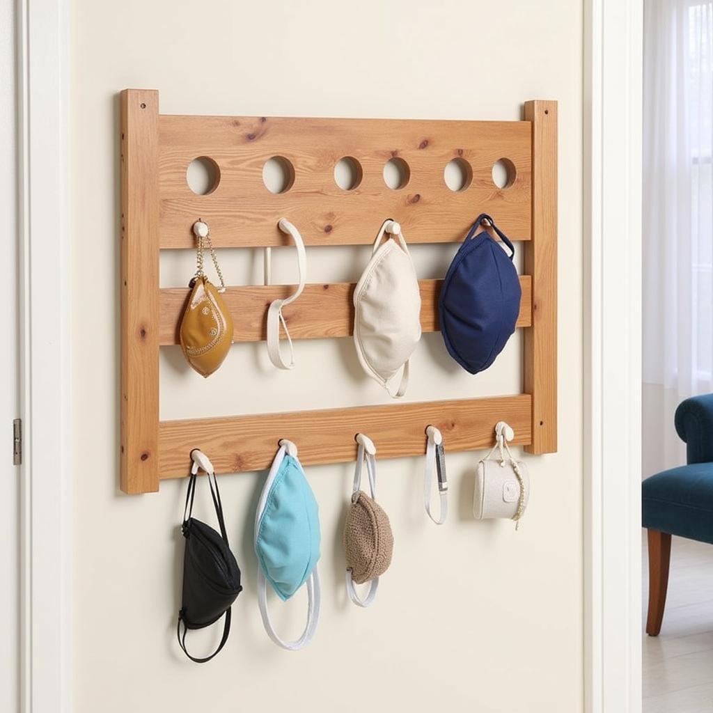 Wooden mask display stand mounted on a wall