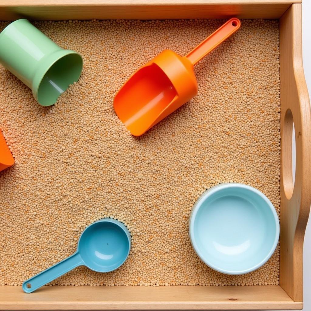 Wooden sensory bin filled with beans and scoops