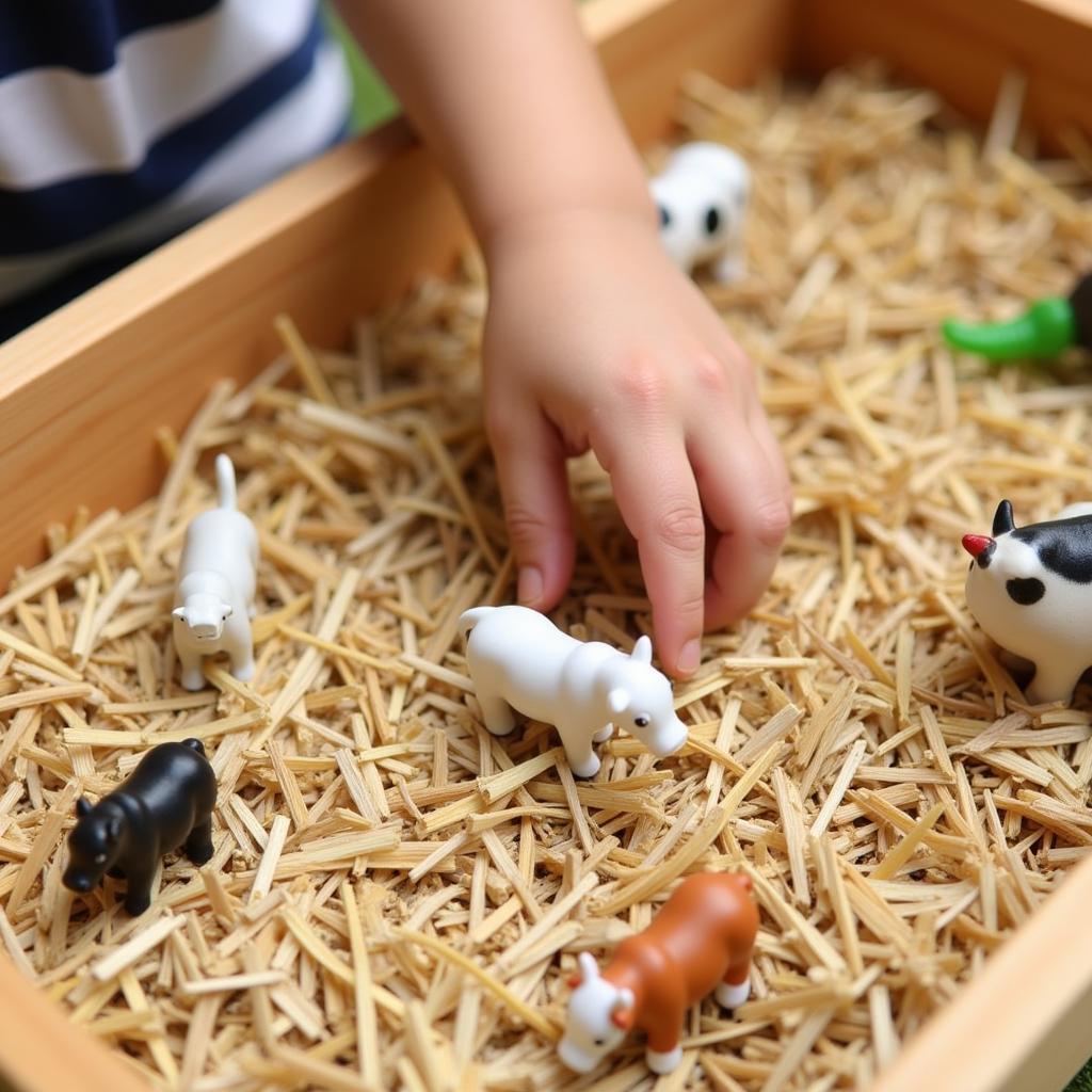 Wooden Sensory Bin with Farm Animals and Hay