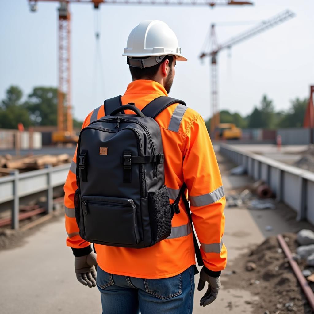 Worker with hard hat backpack on a job site.