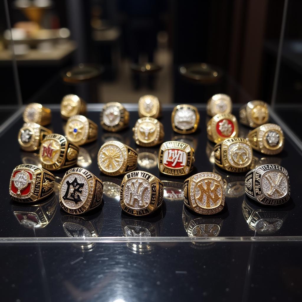 Yankees Championship Rings Displayed in a Case