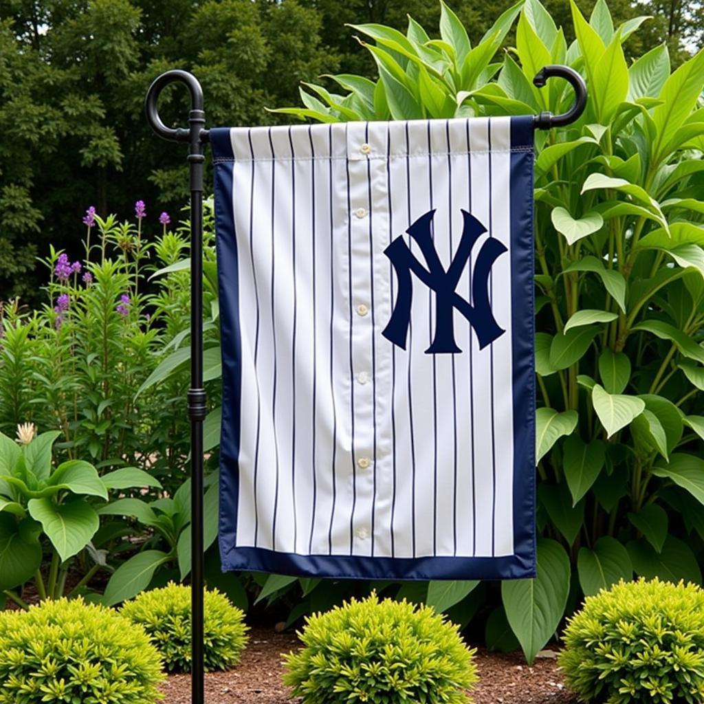 Yankees garden flag proudly displayed in a garden, waving in the wind.