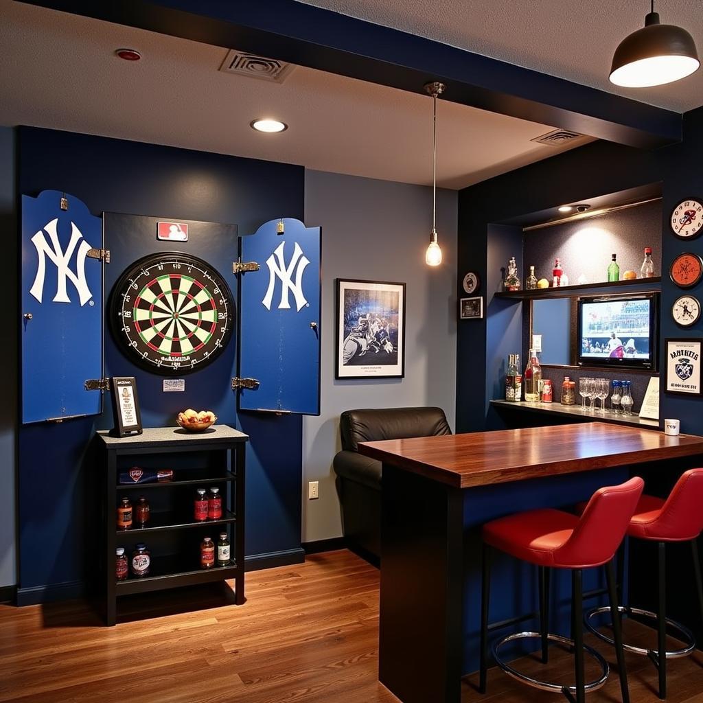 Yankees Themed Game Room with Dartboard Setup