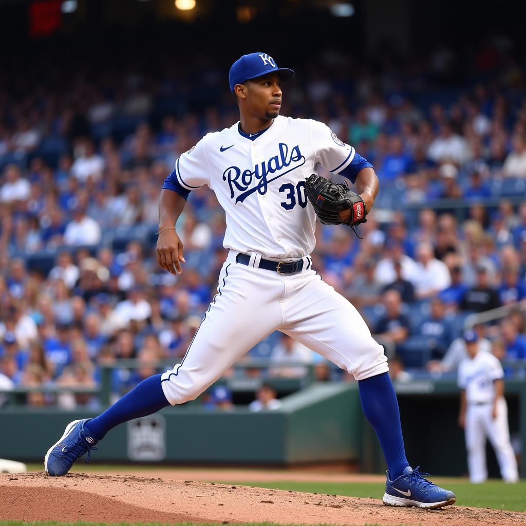 Yordano Ventura pitching for the Kansas City Royals in his number 30 jersey.