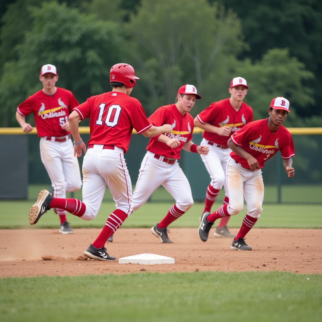 Young America Cardinals game action photo showing players running bases