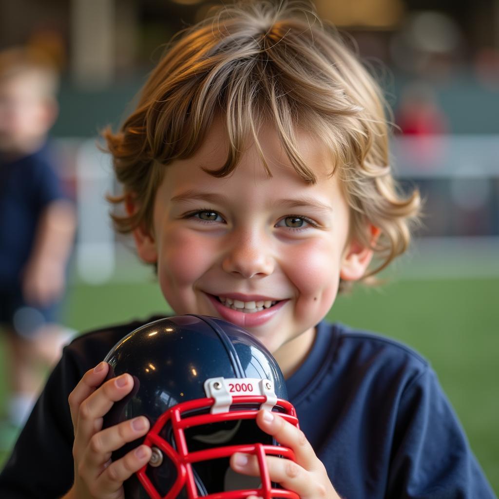 Young Fan Holding a Pocket Size Helmet