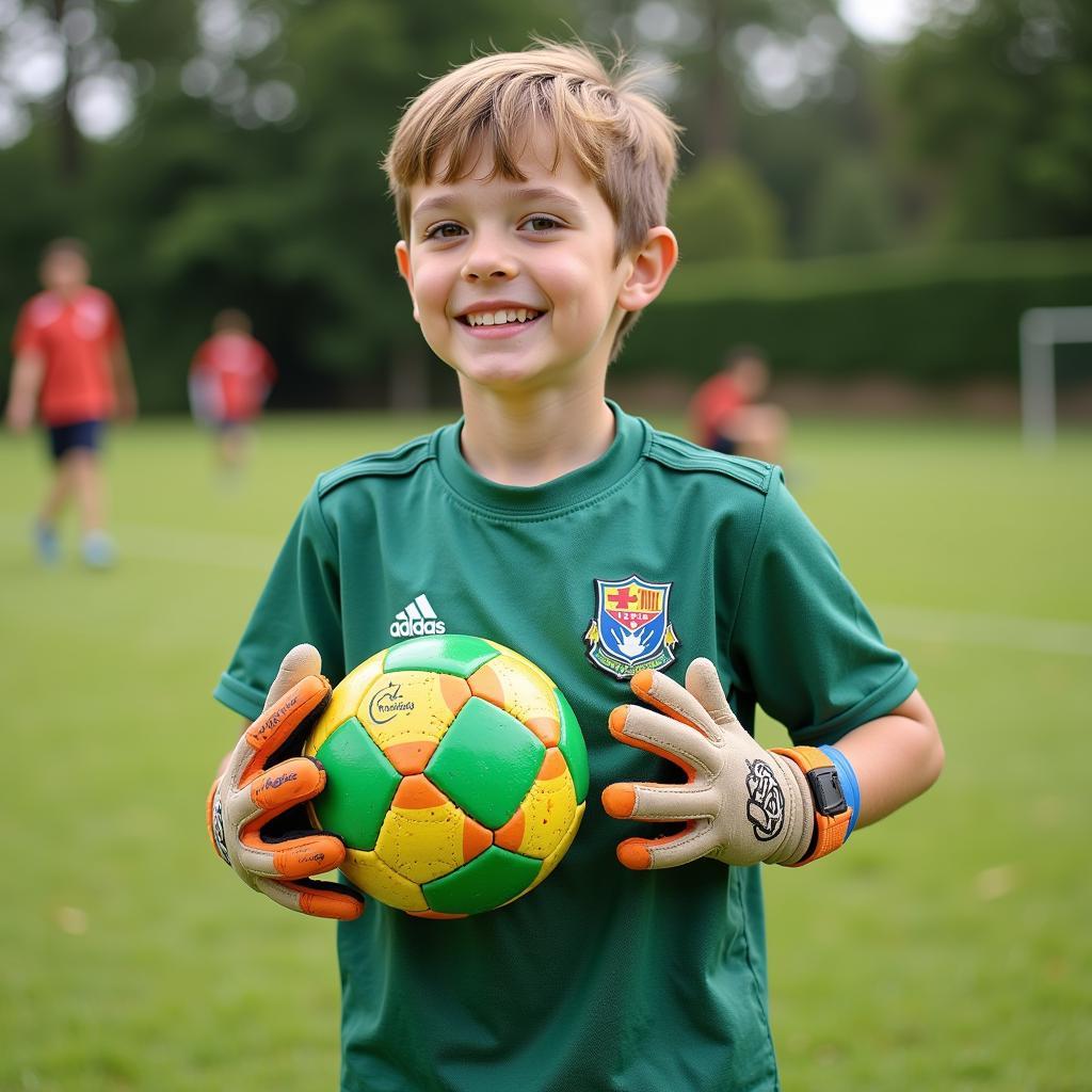 Young footballer practicing with a shamrock glove