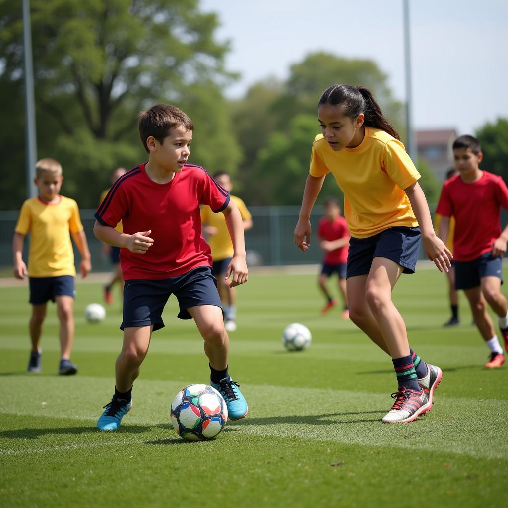 Young footballers practicing with focus and determination