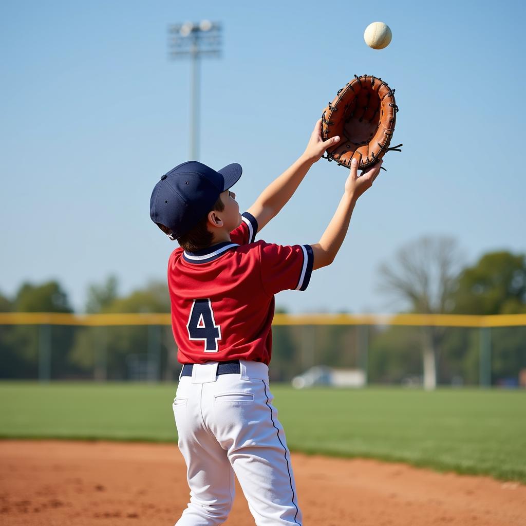 A young baseball player using a reach baseball glove to catch a fly ball