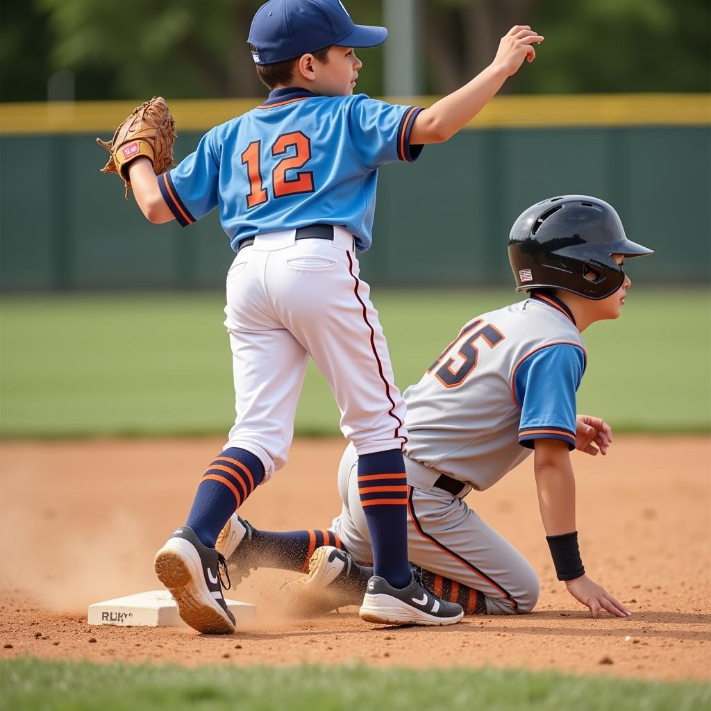 Youth baseball player sliding in knee-high pants