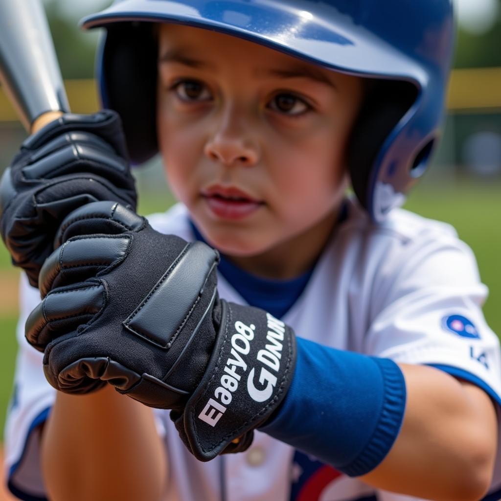 Youth baseball player wearing Franklin batting gloves while batting.