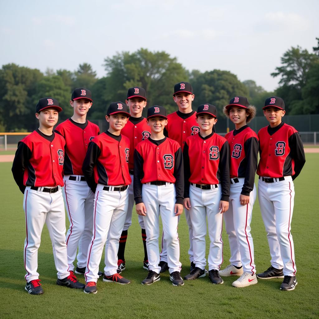 Youth Baseball Team in Red and Black Uniforms