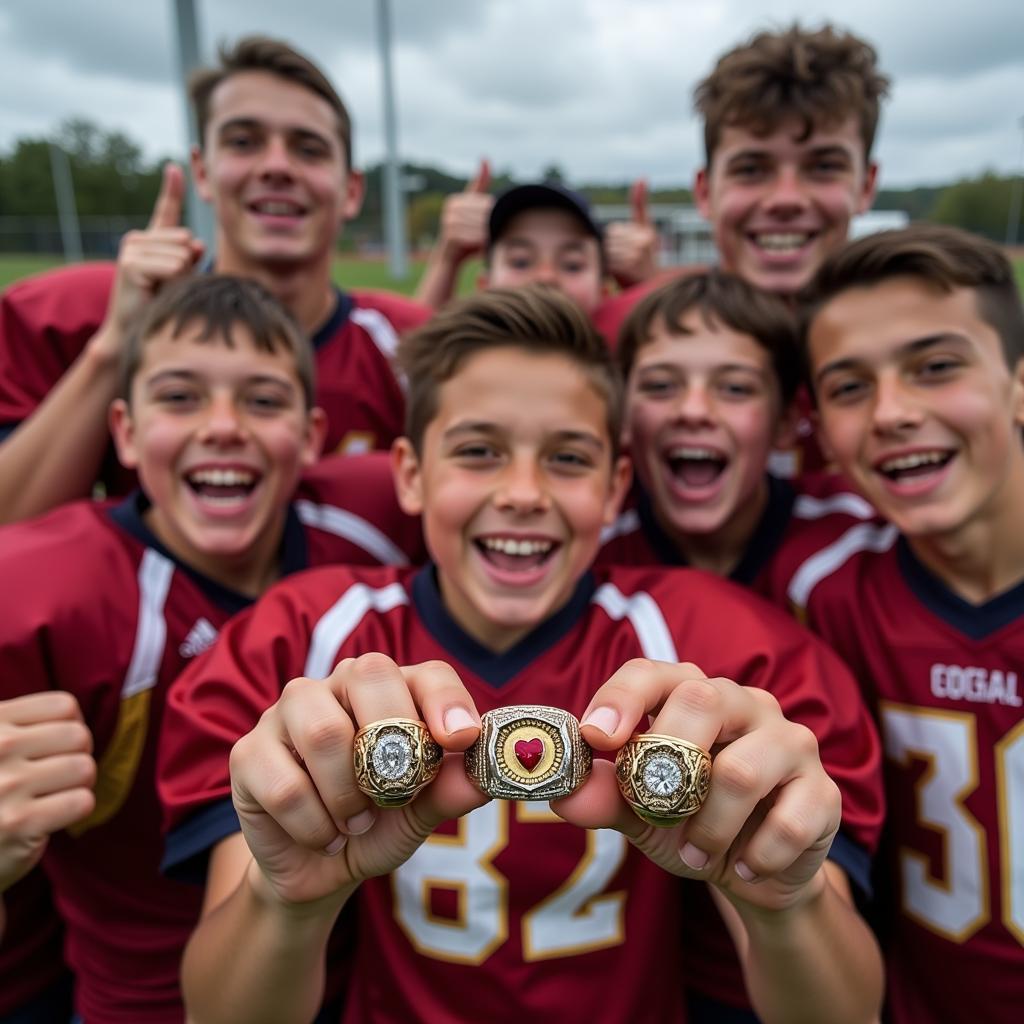 Youth Football Players Celebrating with Championship Rings