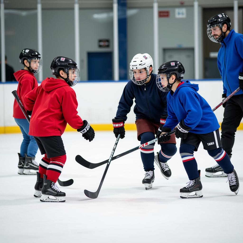 Young hockey players practicing their skills