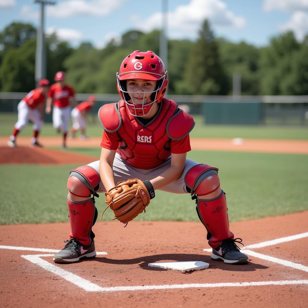 Youth Red Catcher's Glove in Action