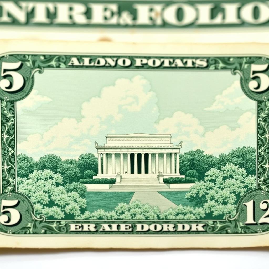 1969 $5 Bill Back Lincoln Memorial: Close-up view of the Lincoln Memorial on the back of a 1969 five-dollar bill, highlighting the architectural details and historical significance.