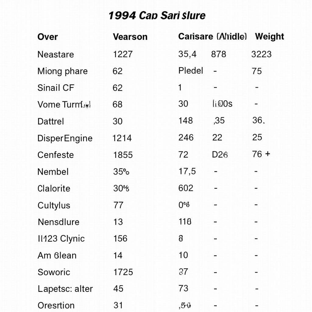 1994 Club Car Specifications Chart