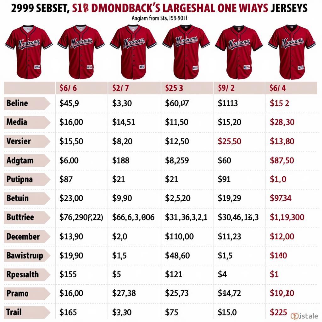 Price Guide for 1998 Arizona Diamondbacks Jerseys: A chart displaying the estimated price range for various types of 1998 Diamondbacks jerseys based on condition, player, and authenticity.