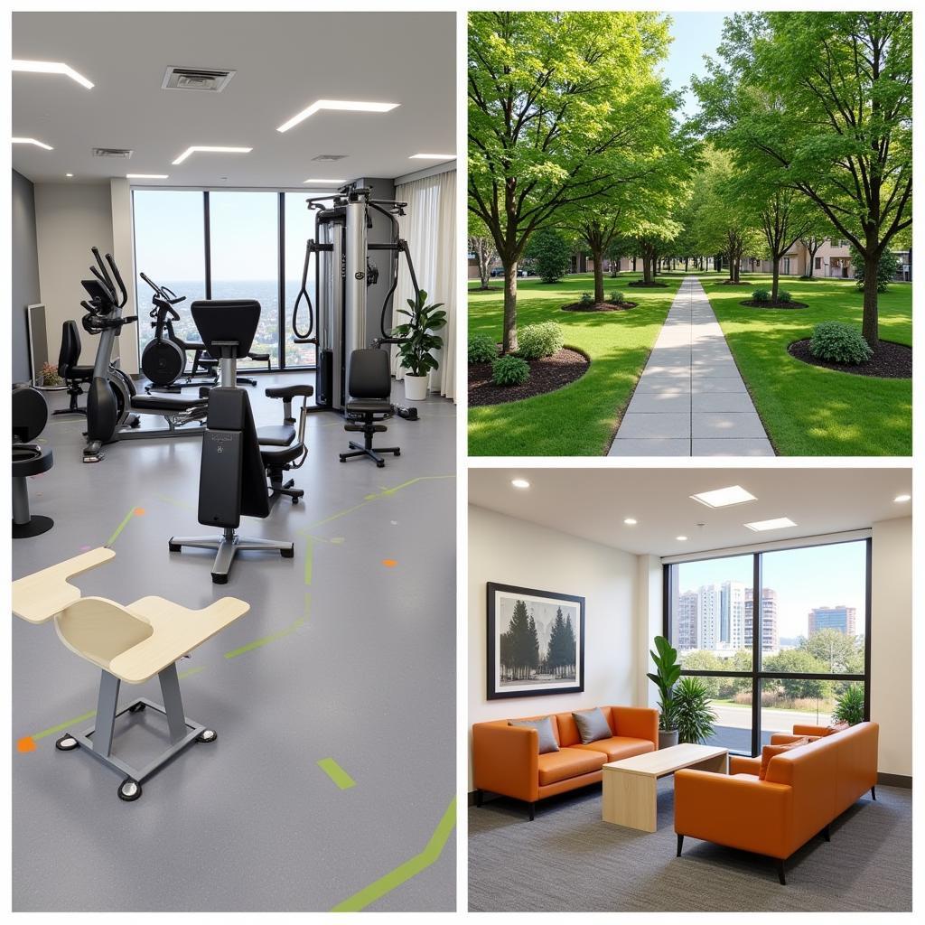 Image showcasing the lifestyle amenities at 55 Thomson Place Boston, such as a fitness center, a green park, and a communal lounge area.