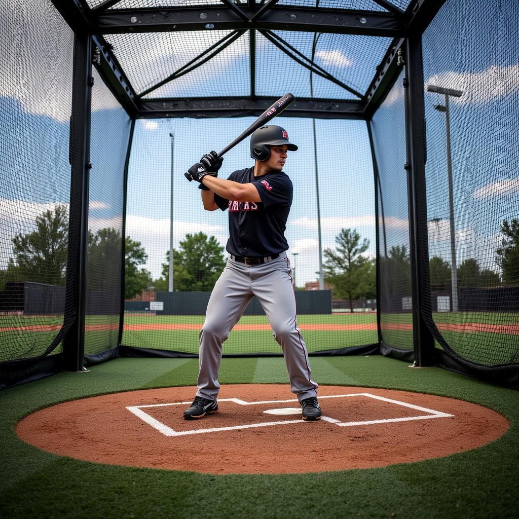 Professional Baseball Player Training in a 60-foot Batting Cage